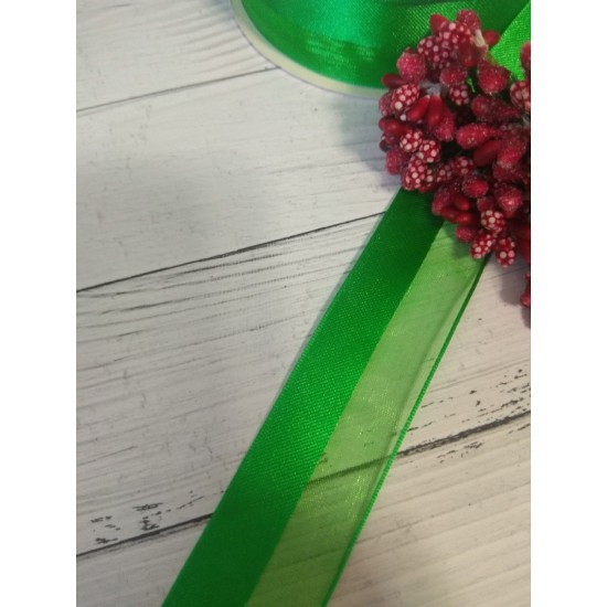 Лента органза с атласом 2,5 см цв. зеленый, цена за 1 м